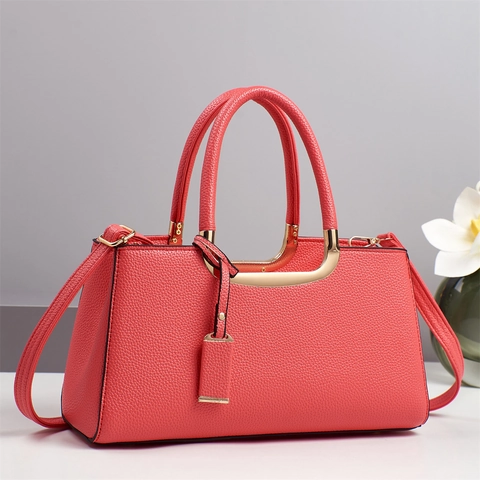 Women Litchi Pattern PU Leather Handbag Shoulder Crossbody Bag Gold U-Shaped Metal Decor Elegant Versatile