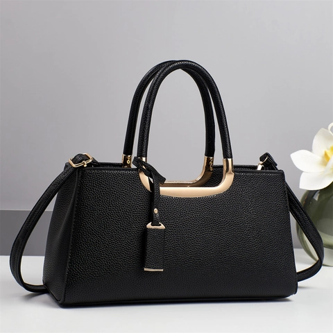 Women Litchi Pattern PU Leather Handbag Shoulder Crossbody Bag Gold U-Shaped Metal Decor Elegant Versatile