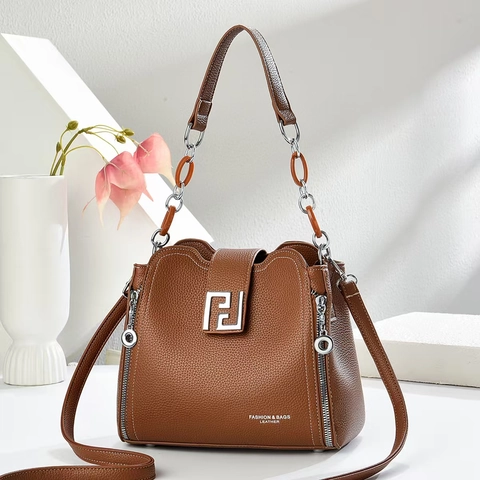 Fashion Women Shoulder Bag PU Leather Lychee Pattern Handbag With Chain Handle And Detachable Strap Crossbody For Daily