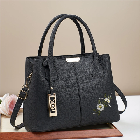 Damen Handtasche PU Leder Lychee Muster Blumenstickerei Große Kapazität Schulter Umhängetasche Tote Bag Pendeln Mode