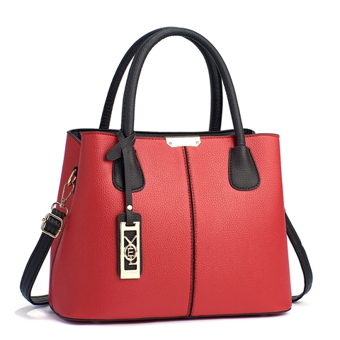 Women Large Capacity Handbag Lychee Texture Leather Contrast Color Crossbody Bag Gold Hardware Versatile Fashion