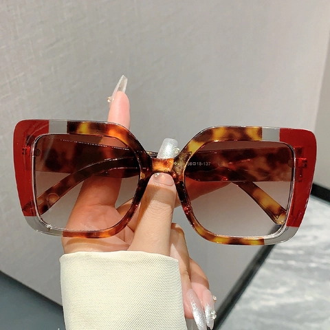 Oversized Square Sunglasses For Women Fashion Splicing Color PC Frame Gradient Lenses UV400 Vintage Leopard Eyewear