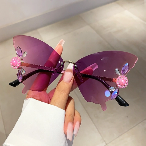 Gafas De Sol Sin Montura De Mariposa Montura De Metal UV400 Lentes Degradados Diamantes De Imitación Perla Artificial Para Mujer
