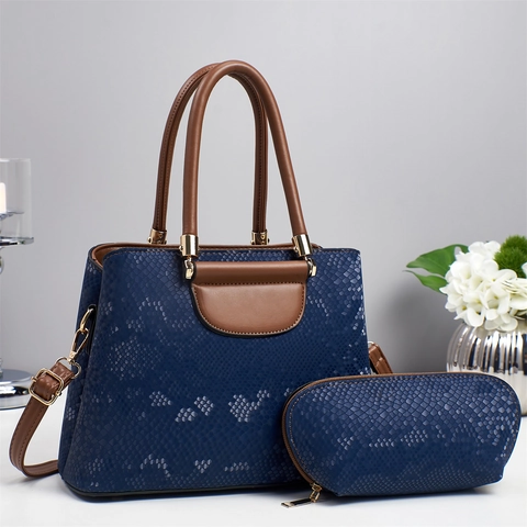Vintage Snake Embossed PU Leather Handbag And Matching Pouch Large Capacity Tote Bag Trendy Contrast Handle Shoulder Bag