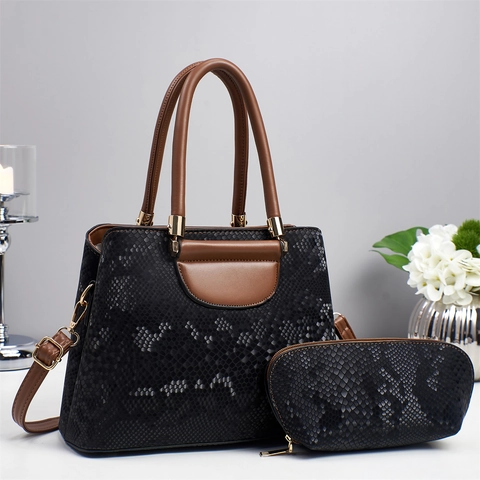 Vintage Snake Embossed PU Leather Handbag And Matching Pouch Large Capacity Tote Bag Trendy Contrast Handle Shoulder Bag