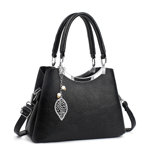 Bolso De Mano Mujer Cuero PU Textura Lichi Asa Superior Bolso De Hombro Colgante Hoja Plata Detalle Perla Artificial Elegante Bandolera