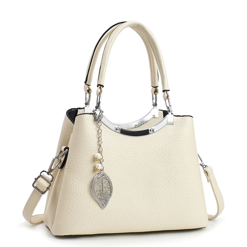 Bolso De Mano Mujer Cuero PU Textura Lichi Asa Superior Bolso De Hombro Colgante Hoja Plata Detalle Perla Artificial Elegante Bandolera