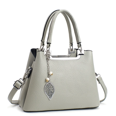 Women Handbag PU Leather Lychee Pattern Large Capacity Detachable Strap Leaf Artificial Pearl Pendant Simple Casual Crossbody Bag