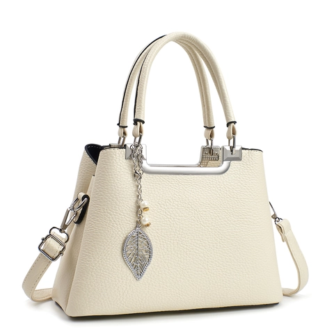 Women Handbag PU Leather Lychee Pattern Large Capacity Detachable Strap Leaf Artificial Pearl Pendant Simple Casual Crossbody Bag