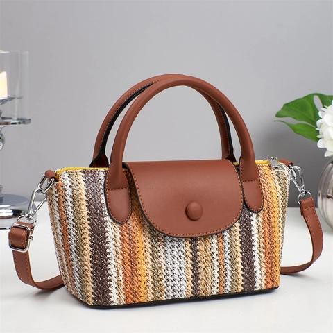 Women Woven Straw Striped Handbag PU Leather Flap Crossbody Bag Beach Vacation Summer Shoulder Bag Niche Design