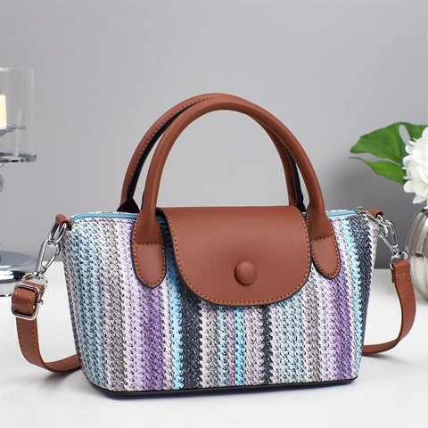 Women Woven Straw Striped Handbag PU Leather Flap Crossbody Bag Beach Vacation Summer Shoulder Bag Niche Design