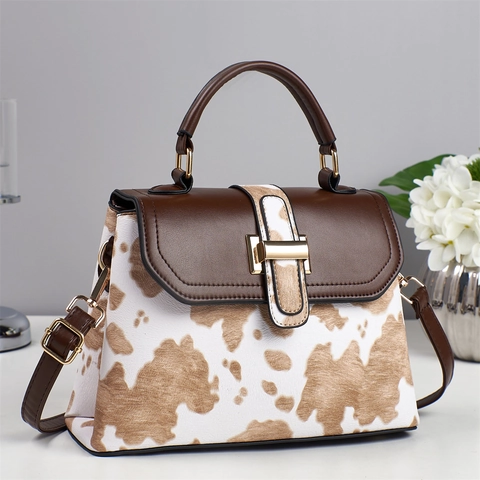 Women PU Leather Crossbody Bag Contrast Cow Print Small Square Handbag With Top Handle Adjustable Strap Trendy Shoulder Bag