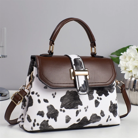 Women PU Leather Crossbody Bag Contrast Cow Print Small Square Handbag With Top Handle Adjustable Strap Trendy Shoulder Bag