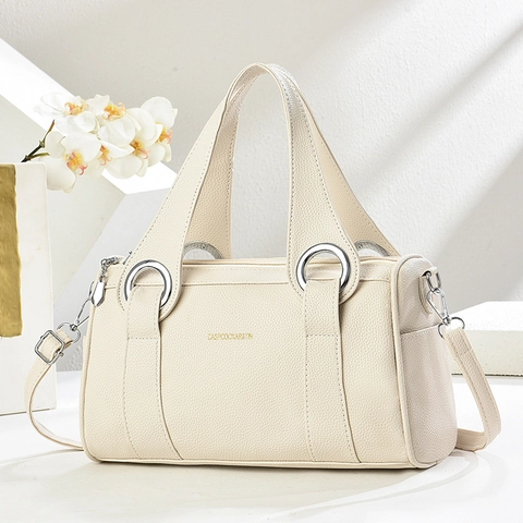 Women Litchi Texture PU Leather Boston Handbag Crossbody Bag With Detachable Shoulder Strap Commuter Korean Style
