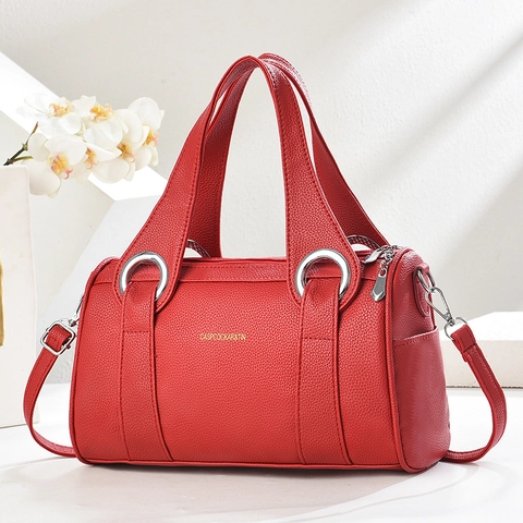 Women Litchi Texture PU Leather Boston Handbag Crossbody Bag With Detachable Shoulder Strap Commuter Korean Style