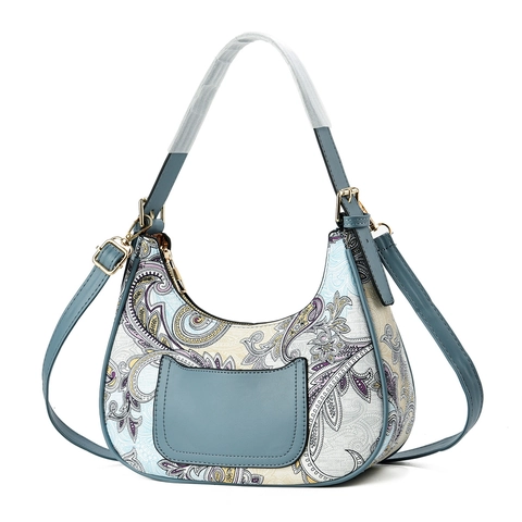 Vintage Paisley Print Hobo Bag PU Leather Half Moon Handbag With Adjustable Strap Bohemian Crossbody Bag For Women
