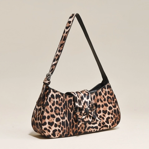 Bolso De Axila Con Estampado De Leopardo Para Mujer Vintage De Cuero PU Con Lazo Bolso De Hombro Elegante Y Versátil Hobo