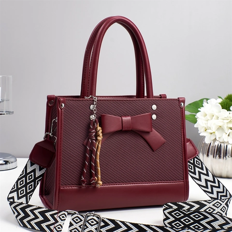 Women Handbag PU Leather Woven Patchwork Bow Decor Wide Geometric Strap Retro Style Shoulder Crossbody Bag
