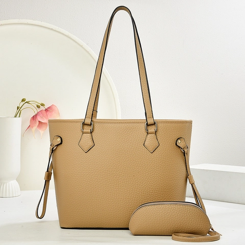 Grand Sac Fourre-Tout Pour Femmes En Cuir PU À Texture Litchi Et Pochette Assortie Sac À Main Rétro Minimaliste