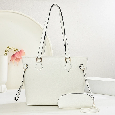 Grand Sac Fourre-Tout Pour Femmes En Cuir PU À Texture Litchi Et Pochette Assortie Sac À Main Rétro Minimaliste