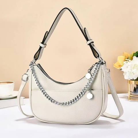 Women Half Moon Hobo Bag Litchi Pattern PU Leather Shoulder Bag With Silver Metal Chain Large Capacity Casual Chic