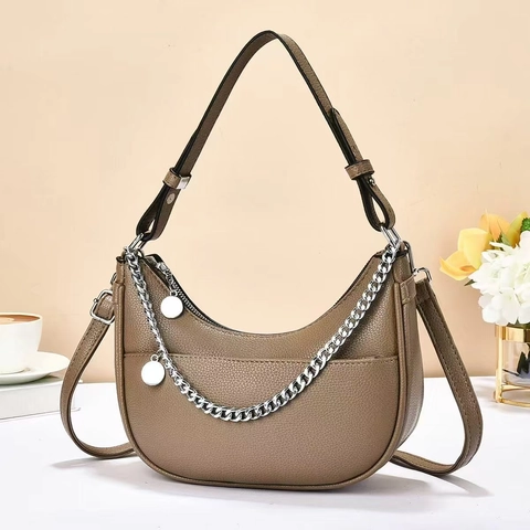 Women Half Moon Hobo Bag Litchi Pattern PU Leather Shoulder Bag With Silver Metal Chain Large Capacity Casual Chic