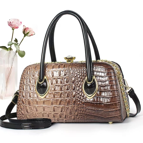 Vintage Crocodile Pattern Handbag Women Large Capacity PU Leather Shoulder Crossbody Bag With Rhinestone Lock