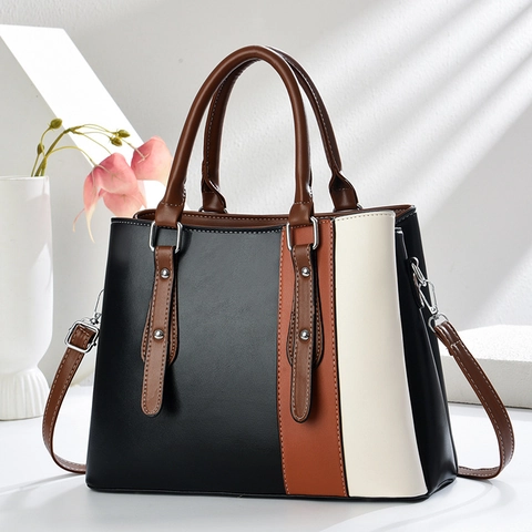 Sac à Main pour Femme en Cuir PU Color Block Sac à Bandoulière Élégant à Surpiqûres Contrastées Tote Polyvalent pour Femme
