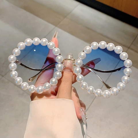 Women Round Sunglasses With Metal Frame And Faux Artificial Pearl Trim UV400 Protection Gradient Lens Retro Fashion Eyewear