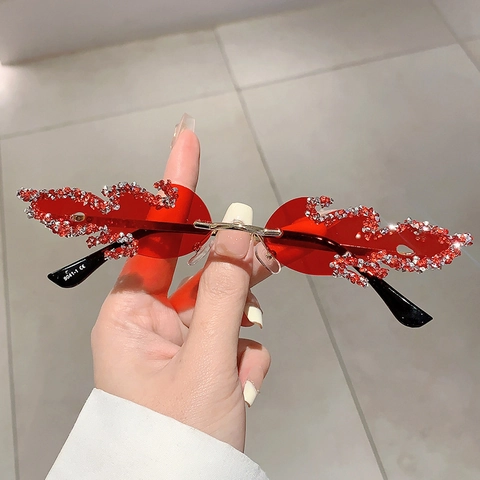 Women's Rimless Flame Shaped Rhinestone Sunglasses Metal Frame Trendy Irregular Sunglasses For Halloween Party Stage Decoration