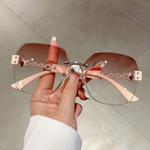Oversized Square Rimless Sunglasses For Women Fashion Gradient Lens Metal Chain Rhinestone Temples UV400 Protection