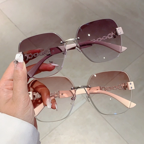 Oversized Square Rimless Sunglasses For Women Fashion Gradient Lens Metal Chain Rhinestone Temples UV400 Protection