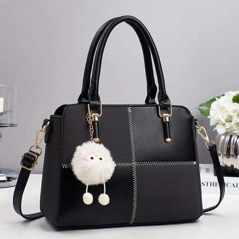 Fashion Handbag Patchwork PU Leather Woven Texture Shoulder Bag With Plush Monster Charm Retro Crossbody Bag For Women
