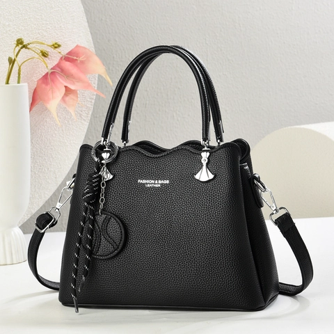 Bolso De Mano Para Mujer Cuero PU Textura Lichi Gran Capacidad Bolso De Hombro Borde Ondulado Elegante Urbano Estilo Simple