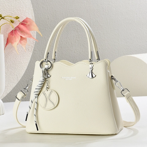 Bolso De Mano Para Mujer Cuero PU Textura Lichi Gran Capacidad Bolso De Hombro Borde Ondulado Elegante Urbano Estilo Simple