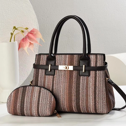 Bolso Tote De Tejido Con Rayas Para Mujer Y Estuche Asa De Cuero PU Color Contrastado Bolso De Mano Bolso De Hombro Capacidad