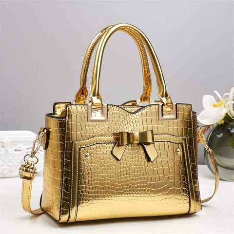Crocodile Embossed PU Leather Handbag With Bow Decor Structured Tote Crossbody Commute For Women