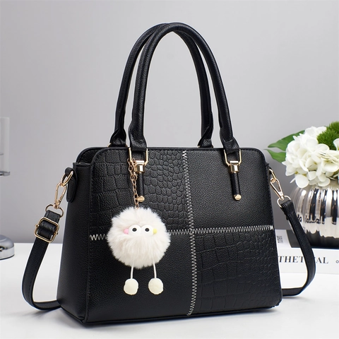 Women PU Leather Handbag Crocodile Pattern Patchwork Shoulder Bag Contrast Stitching Plush Charm Crossbody Tote Fashion