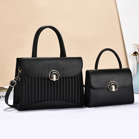 Litchi Grain PU Leather Handbag And Mini Pouch With Metal Lock Vertical Pleats Shoulder Strap For Women Daily