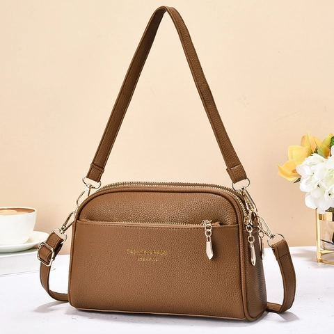 Women Crossbody Shoulder Bag PU Leather Litchi Pattern Triple Zipper Layers Lightweight Casual Fashion Handbag For Daily