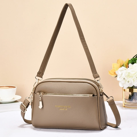 Women Crossbody Shoulder Bag PU Leather Litchi Pattern Triple Zipper Layers Lightweight Casual Fashion Handbag For Daily