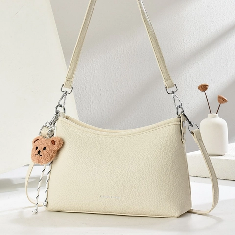 Damen Schultertasche Aus PU Leder Hobo Tasche Große Kapazität Lychee Textur Umhängetasche Mit Plüschbär Anhänger