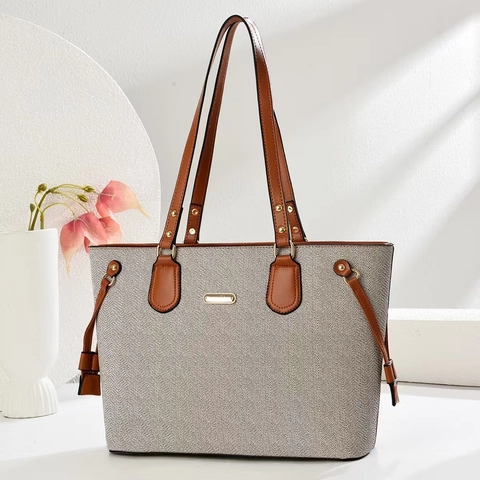 Large Capacity Women Tote Bag Herringbone Fabric PU Leather Elegant Shoulder Handbag For Commute Travel Retro Style