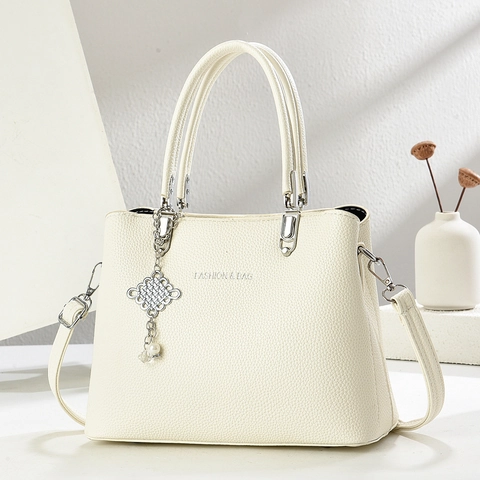 Fashion Women Lychee Texture PU Leather Handbag Large Capacity Commuter Shoulder Bag With Chinese Knot Artificial Pearl Pendant