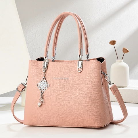 Fashion Women Lychee Texture PU Leather Handbag Large Capacity Commuter Shoulder Bag With Chinese Knot Artificial Pearl Pendant