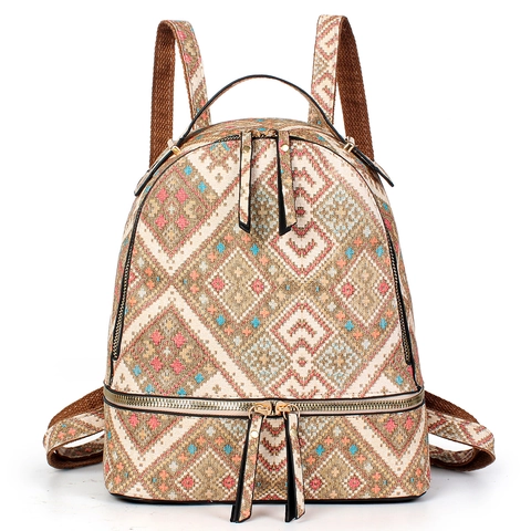 Zaino Etnico Intrecciato Da Donna Motivo Geometrico Bohémien Borsa Da Viaggio Casual Con Cerniere Multiple Tela
