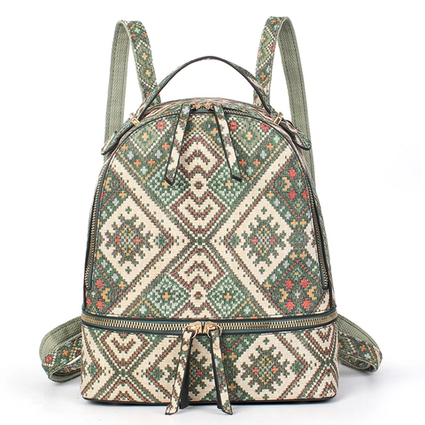 Zaino Etnico Intrecciato Da Donna Motivo Geometrico Bohémien Borsa Da Viaggio Casual Con Cerniere Multiple Tela