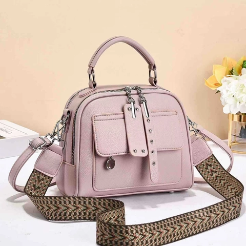 Women PU Leather Handbag Crossbody Bag Lychee Texture Multi-Layer Wide Fabric Strap Ethnic Pattern Silver Hardware