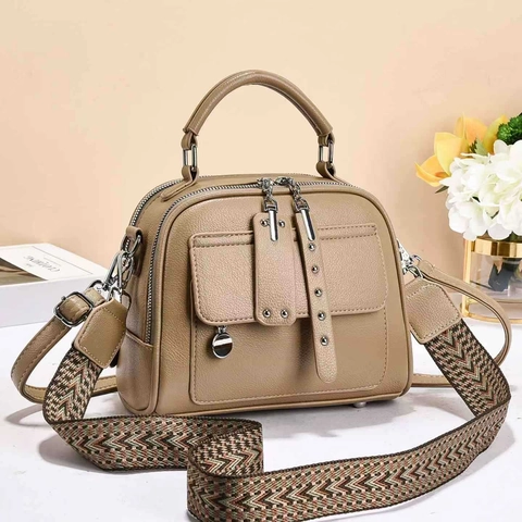Women PU Leather Handbag Crossbody Bag Lychee Texture Multi-Layer Wide Fabric Strap Ethnic Pattern Silver Hardware