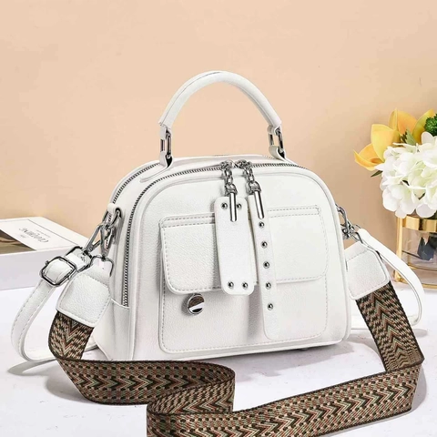 Fashion PU Leather Handbag With Wide Patterned Strap Women Small Square Crossbody Bag For Commuting Daily Shoulder Tote Bag